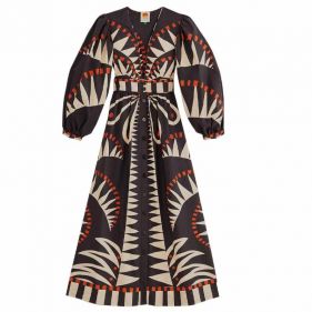 V NECKLINE PUFFED SLEEVE MAXI DRESS  - فستان