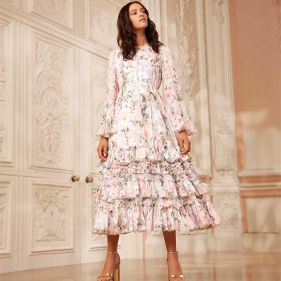 ROSE POWDER CHIFFON ROUND NECK ANKLE GOWN - فستان