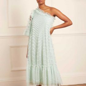 SHIMMER WAVE GLOSS ONE-SHOULDER BALLERINA DRESS  - فستان