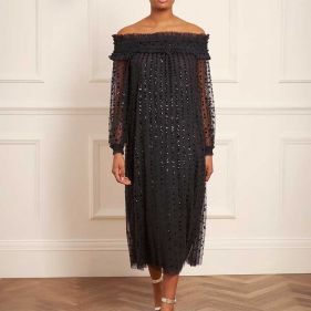 RAINDROP SMOCKED OFF-SHOULDER BALLERINA DRESS  - فستان