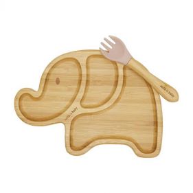 BAMBOO ELEPHANT SUCTION PLATE  AND  FORK SET  DUSTY PINK  - طقم أطفال 