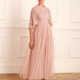 HEART LATTICE BODICE CAPE ANKLE GOWN - فستان