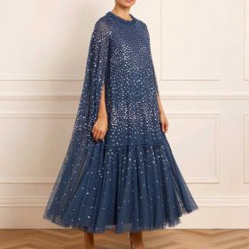 SCATTER DOT CAPE TIERED ANKLE GOWN - فستان